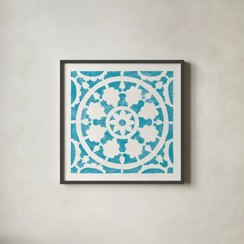 Hacienda Tile VI Turquoise by Moira Hershey. Shown in a sleek black glass frame for a contemporary gallery look. Available as an archival giclee rolled canvas, fine art paper, or poster print. SKU 37023a.