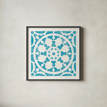 Hacienda Tile VI Turquoise by Moira Hershey. Shown in a sleek black glass frame for a contemporary gallery look. Available as an archival giclee rolled canvas, fine art paper, or poster print. SKU 37023a.
