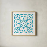 Hacienda Tile VI Turquoise by Moira Hershey. Shown in a natural wood glass frame for a timeless modern aesthetic. Available as an archival giclee rolled canvas, fine art paper, or poster print. SKU 37023a.