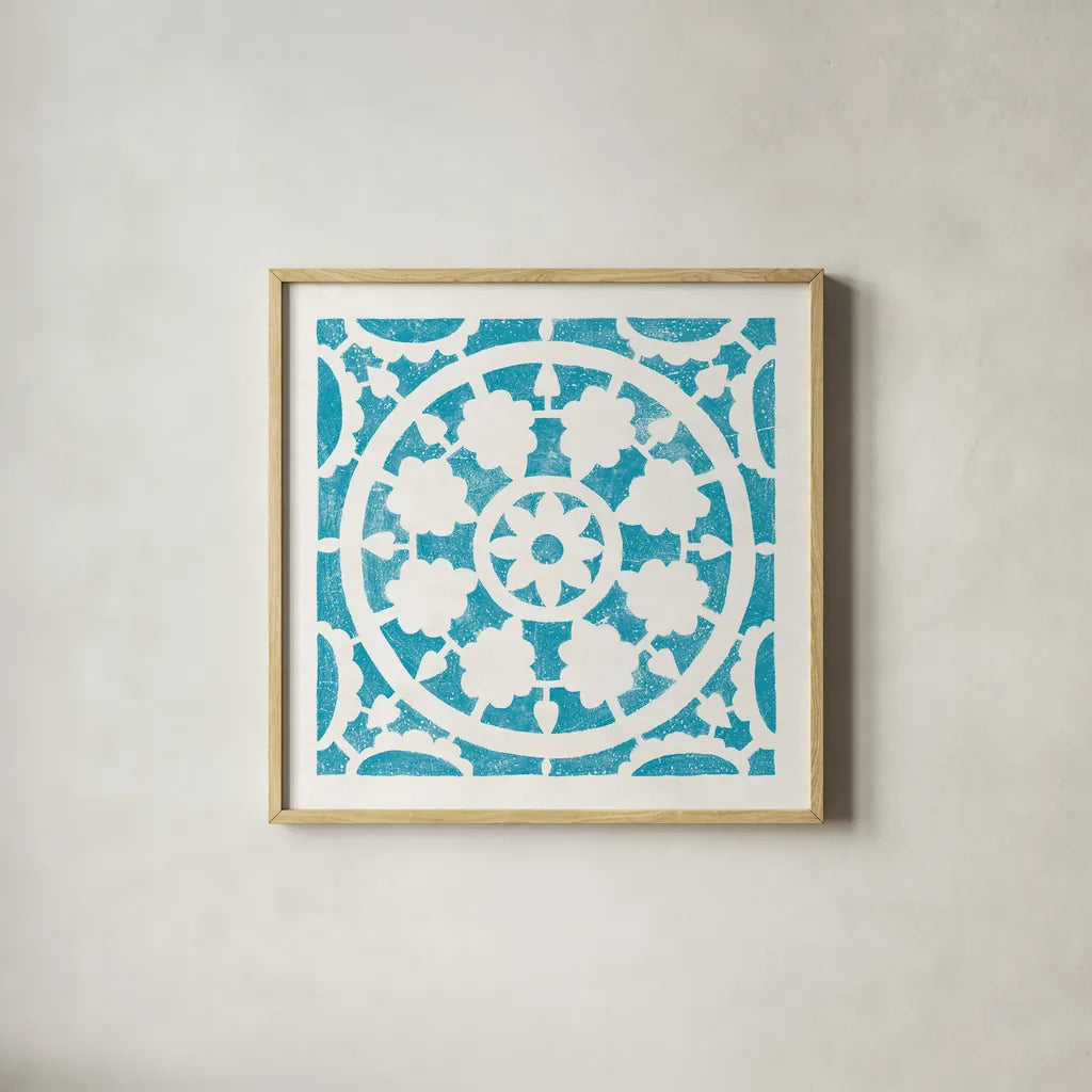 Hacienda Tile VI Turquoise by Moira Hershey. Shown in a natural wood glass frame for a timeless modern aesthetic. Available as an archival giclee rolled canvas, fine art paper, or poster print. SKU 37023a.