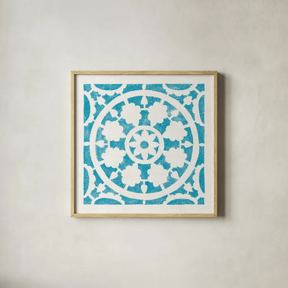 Hacienda Tile VI Turquoise by Moira Hershey. Shown in a natural wood glass frame for a timeless modern aesthetic. Available as an archival giclee rolled canvas, fine art paper, or poster print. SKU 37023a.