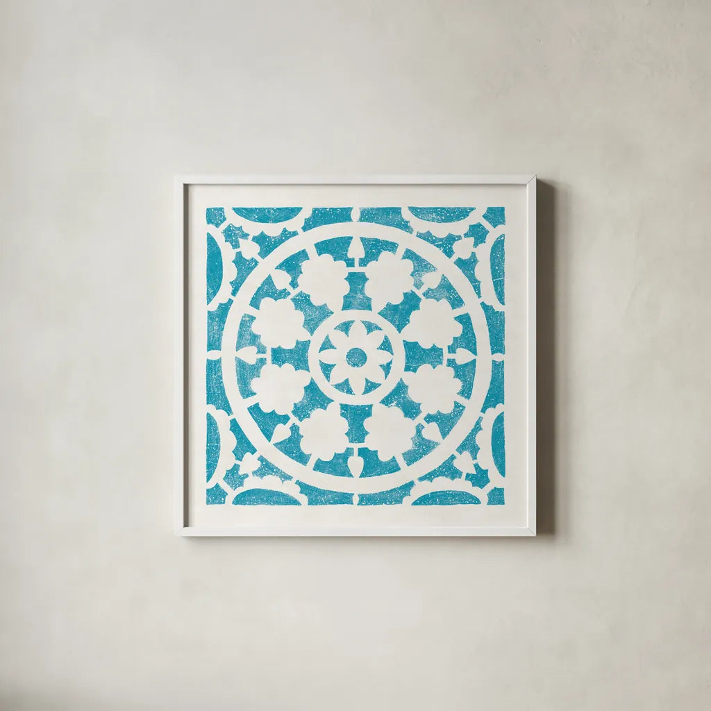 Hacienda Tile VI Turquoise by Moira Hershey. Shown in a crisp white glass frame for a clean and minimalist style. Available as an archival giclee rolled canvas, fine art paper, or poster print. SKU 37023a.