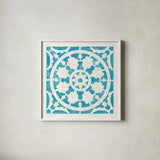 Hacienda Tile VI Turquoise by Moira Hershey. Shown in a crisp white glass frame for a clean and minimalist style. Available as an archival giclee rolled canvas, fine art paper, or poster print. SKU 37023a.
