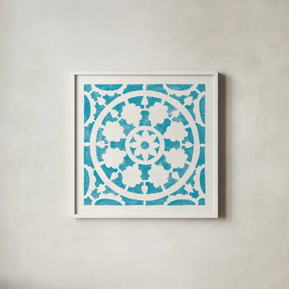 Hacienda Tile VI Turquoise by Moira Hershey. Shown in a crisp white glass frame for a clean and minimalist style. Available as an archival giclee rolled canvas, fine art paper, or poster print. SKU 37023a.