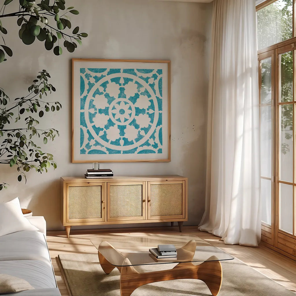 Hacienda Tile VI Turquoise by Moira Hershey. Shown in a natural wood frame in a cozy modern living room. Available as an archival giclee rolled canvas, fine art paper, or poster print. SKU 37023a.