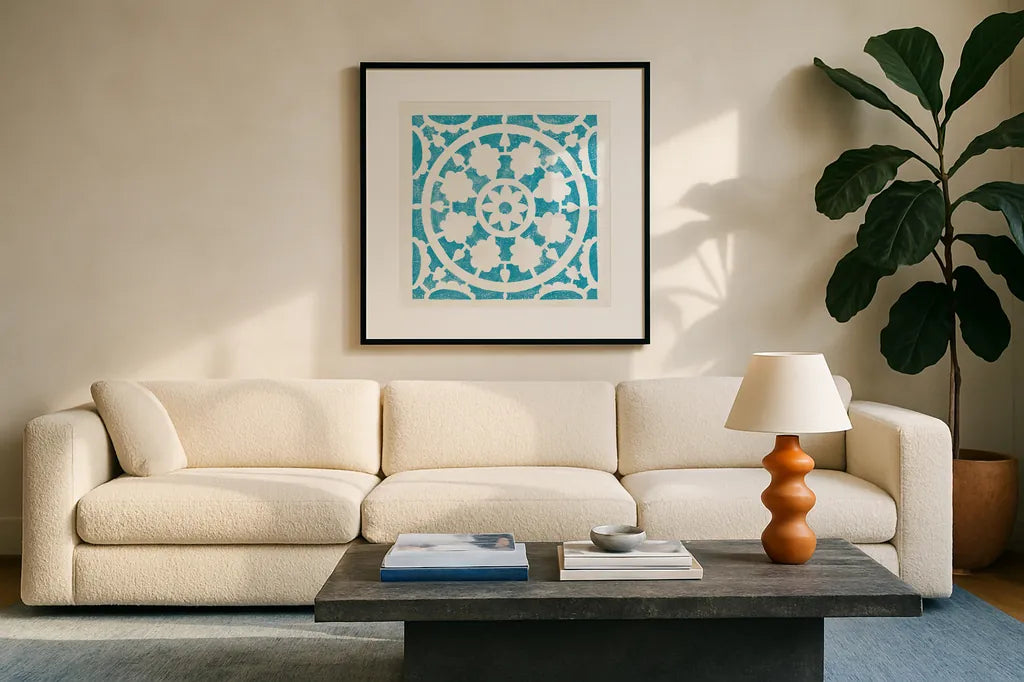 Hacienda Tile VI Turquoise by Moira Hershey. Displayed in a glass frame with matte in a clean modern living room. Available as an archival giclee rolled canvas, fine art paper, or poster print. SKU 37023a.