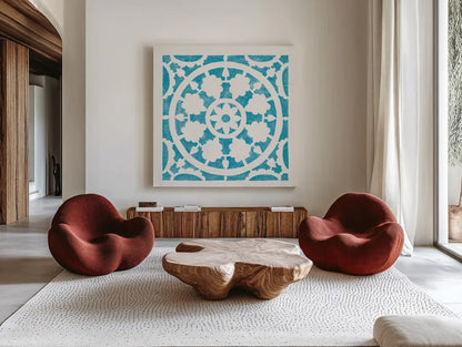 Hacienda Tile VI Turquoise by Moira Hershey. Shown as extra-large giant wall art in a modern living room. Available as an archival giclee rolled canvas, fine art paper, or poster print. SKU 37023a.