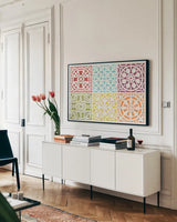 Hacienda Tile VII by Moira Hershey. shown as a framed stretched canvas in a living room above a console. Available as a archival giclee rolled canvas, fine art paper, or poster print. SKU 34618i.