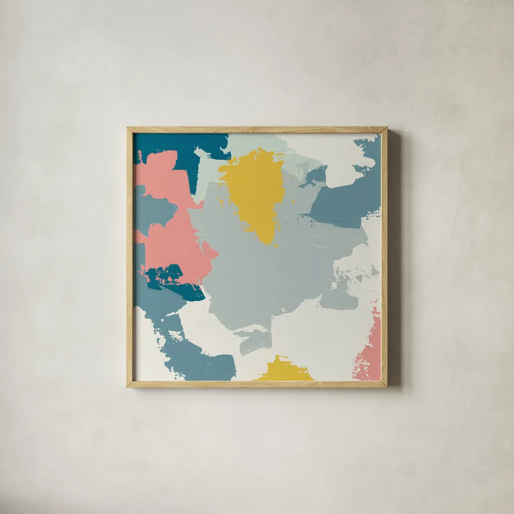 Happy I by Moira Hershey. Shown in a natural wood glass frame for a timeless modern aesthetic. Available as an archival giclee rolled canvas, fine art paper, or poster print. SKU 35094a.