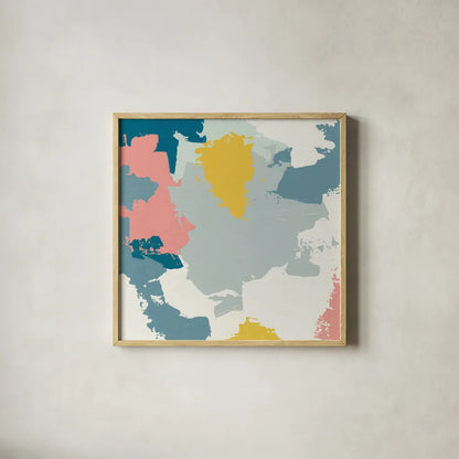 Happy I by Moira Hershey. Shown in a natural wood glass frame for a timeless modern aesthetic. Available as an archival giclee rolled canvas, fine art paper, or poster print. SKU 35094a.