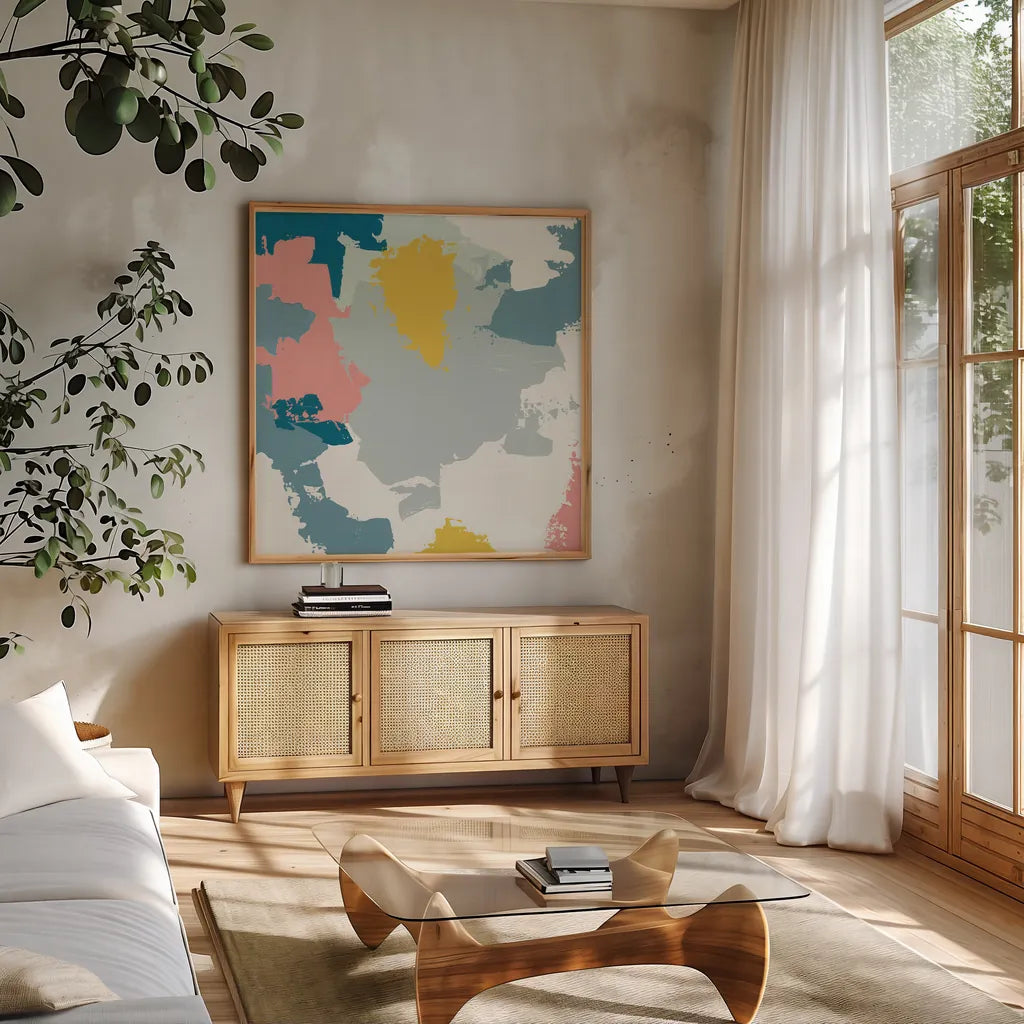 Happy I by Moira Hershey. Shown in a natural wood frame in a cozy modern living room. Available as an archival giclee rolled canvas, fine art paper, or poster print. SKU 35094a.