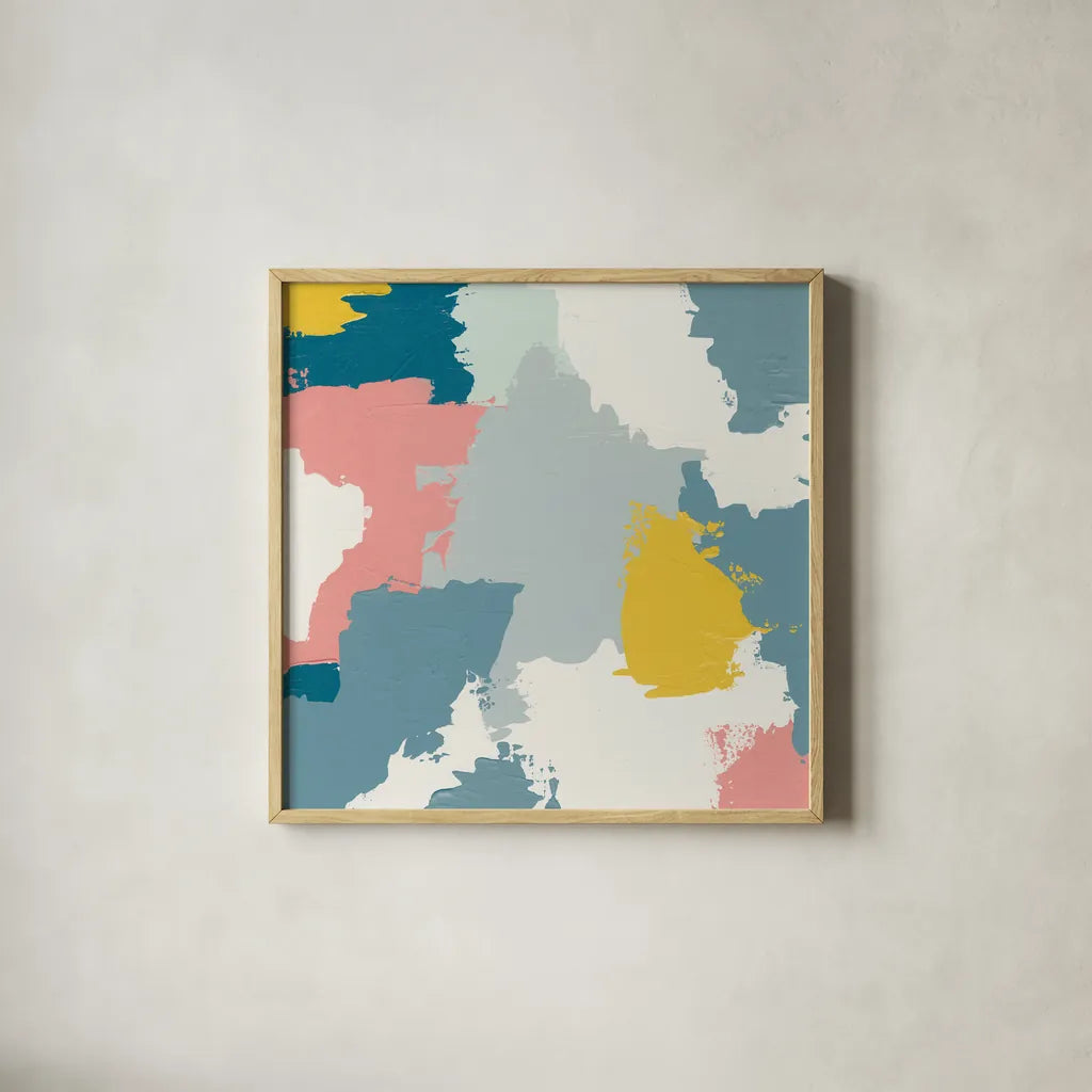 Happy II by Moira Hershey. Shown in a natural wood glass frame for a timeless modern aesthetic. Available as an archival giclee rolled canvas, fine art paper, or poster print. SKU 35095a.