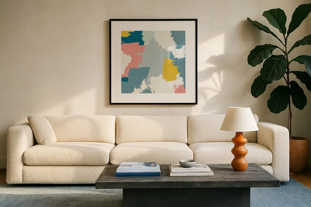 Happy II by Moira Hershey. Displayed in a glass frame with matte in a clean modern living room. Available as an archival giclee rolled canvas, fine art paper, or poster print. SKU 35095a.