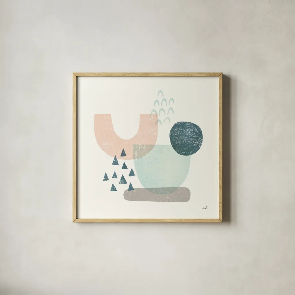 Happy Thoughts II by Moira Hershey. Shown in a natural wood glass frame for a timeless modern aesthetic. Available as an archival giclee rolled canvas, fine art paper, or poster print. SKU 47273a.