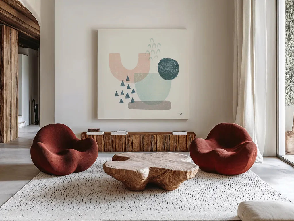 Happy Thoughts II by Moira Hershey. Shown as extra-large giant wall art in a modern living room. Available as an archival giclee rolled canvas, fine art paper, or poster print. SKU 47273a.