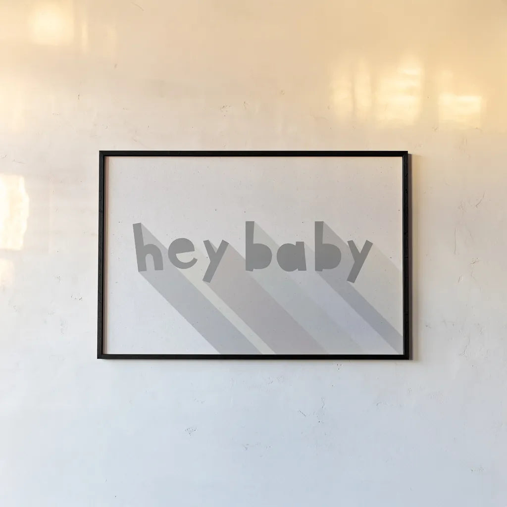 Hey Baby by Moira Hershey. shown as a paper print in a black flame. Available as a archival giclee rolled canvas, fine art paper, or poster print. SKU 62008i.