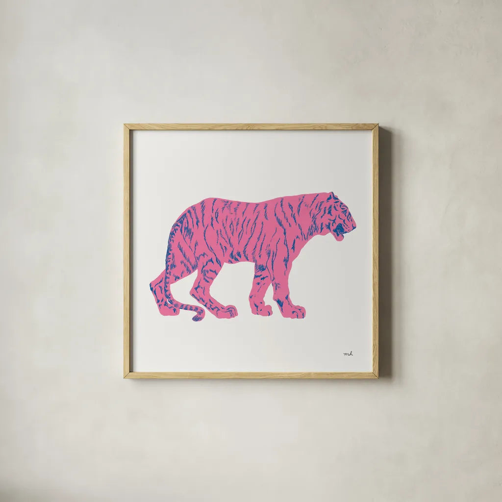 Hey Tiger I by Moira Hershey. Shown in a natural wood glass frame for a timeless modern aesthetic. Available as an archival giclee rolled canvas, fine art paper, or poster print. SKU 53233a.