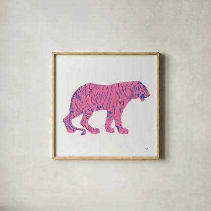 Hey Tiger I by Moira Hershey. Shown in a natural wood glass frame for a timeless modern aesthetic. Available as an archival giclee rolled canvas, fine art paper, or poster print. SKU 53233a.