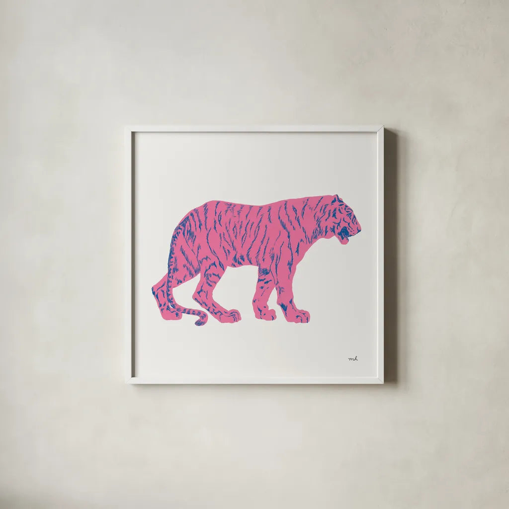 Hey Tiger I by Moira Hershey. Shown in a crisp white glass frame for a clean and minimalist style. Available as an archival giclee rolled canvas, fine art paper, or poster print. SKU 53233a.