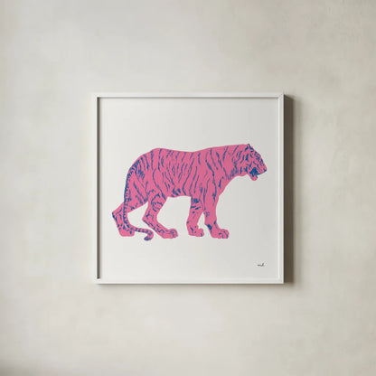Hey Tiger I by Moira Hershey. Shown in a crisp white glass frame for a clean and minimalist style. Available as an archival giclee rolled canvas, fine art paper, or poster print. SKU 53233a.