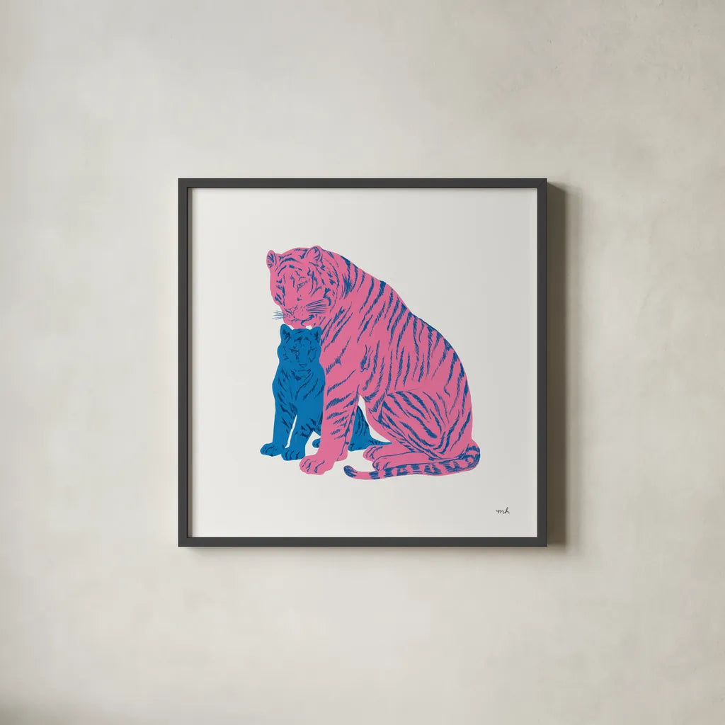Hey Tiger II by Moira Hershey. Shown in a sleek black glass frame for a contemporary gallery look. Available as an archival giclee rolled canvas, fine art paper, or poster print. SKU 53234a.