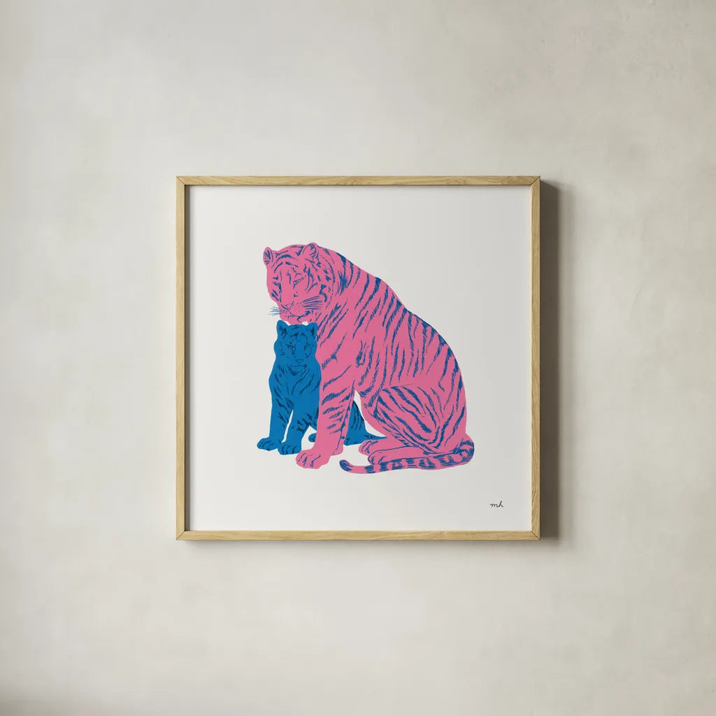 Hey Tiger II by Moira Hershey. Shown in a natural wood glass frame for a timeless modern aesthetic. Available as an archival giclee rolled canvas, fine art paper, or poster print. SKU 53234a.