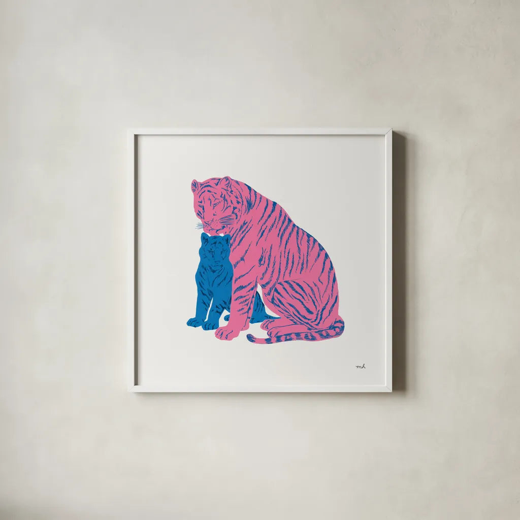 Hey Tiger II by Moira Hershey. Shown in a crisp white glass frame for a clean and minimalist style. Available as an archival giclee rolled canvas, fine art paper, or poster print. SKU 53234a.
