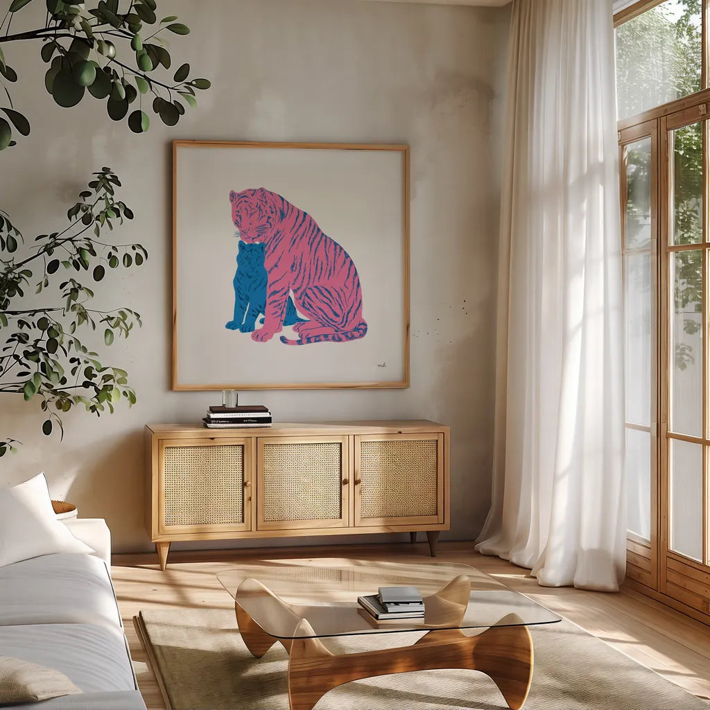 Hey Tiger II by Moira Hershey. Shown in a natural wood frame in a cozy modern living room. Available as an archival giclee rolled canvas, fine art paper, or poster print. SKU 53234a.