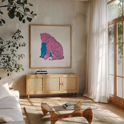 Hey Tiger II by Moira Hershey. Shown in a natural wood frame in a cozy modern living room. Available as an archival giclee rolled canvas, fine art paper, or poster print. SKU 53234a.