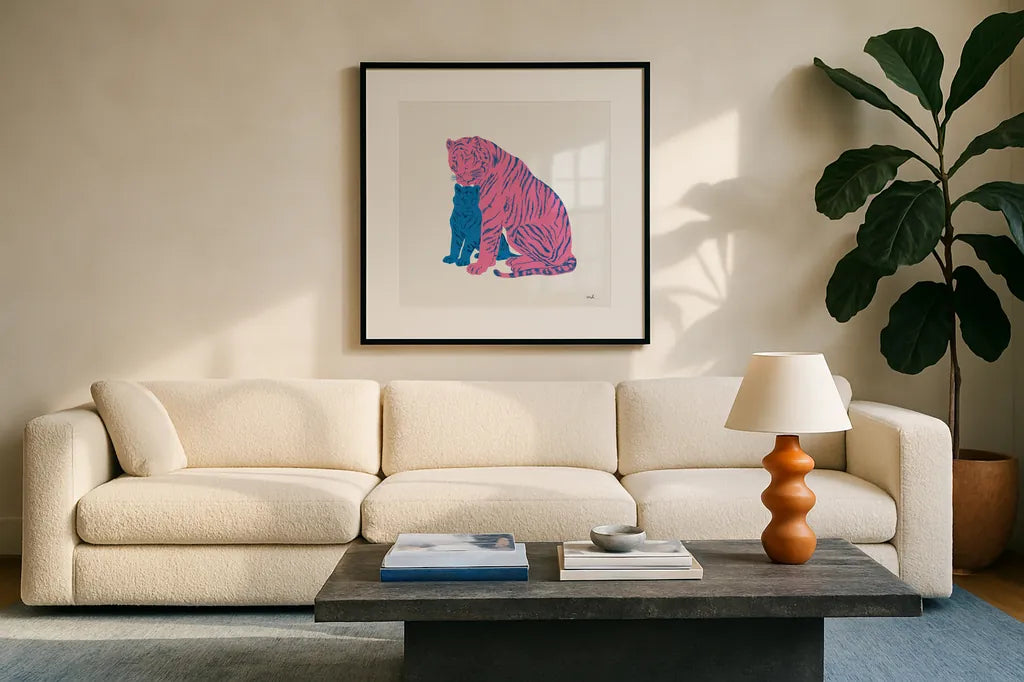 Hey Tiger II by Moira Hershey. Displayed in a glass frame with matte in a clean modern living room. Available as an archival giclee rolled canvas, fine art paper, or poster print. SKU 53234a.