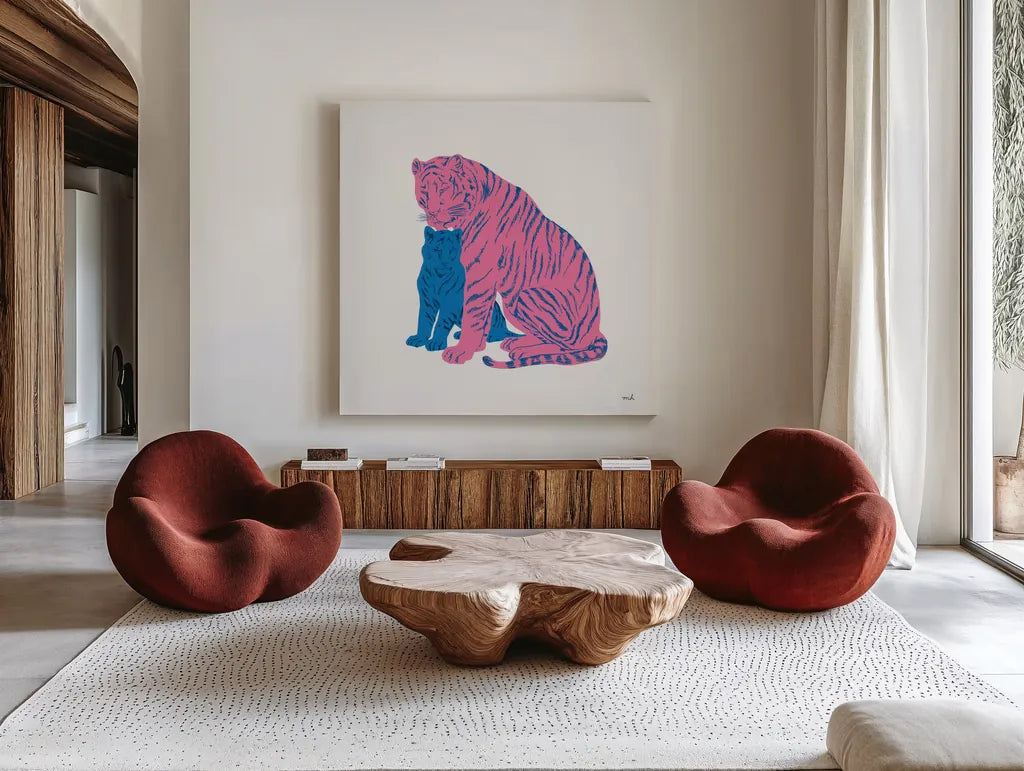 Hey Tiger II by Moira Hershey. Shown as extra-large giant wall art in a modern living room. Available as an archival giclee rolled canvas, fine art paper, or poster print. SKU 53234a.