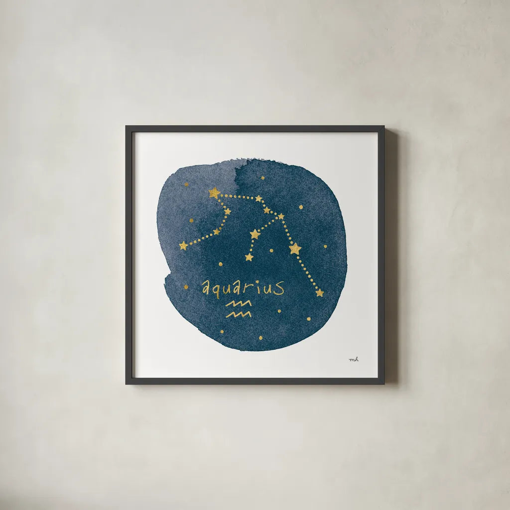 Horoscope Aquarius by Moira Hershey. Shown in a sleek black glass frame for a contemporary gallery look. Available as an archival giclee rolled canvas, fine art paper, or poster print. SKU 48899a.