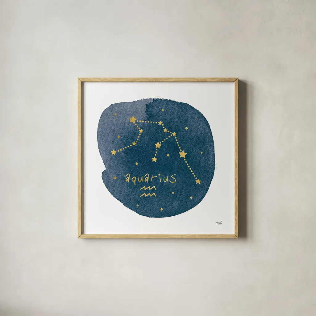 Horoscope Aquarius by Moira Hershey. Shown in a natural wood glass frame for a timeless modern aesthetic. Available as an archival giclee rolled canvas, fine art paper, or poster print. SKU 48899a.