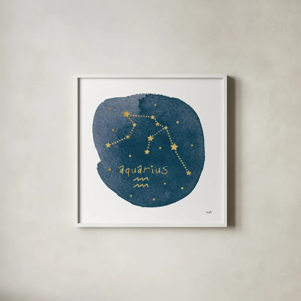 Horoscope Aquarius by Moira Hershey. Shown in a crisp white glass frame for a clean and minimalist style. Available as an archival giclee rolled canvas, fine art paper, or poster print. SKU 48899a.