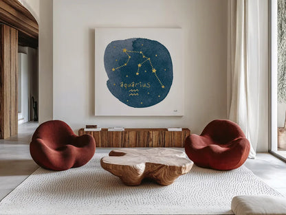 Horoscope Aquarius by Moira Hershey. Shown as extra-large giant wall art in a modern living room. Available as an archival giclee rolled canvas, fine art paper, or poster print. SKU 48899a.