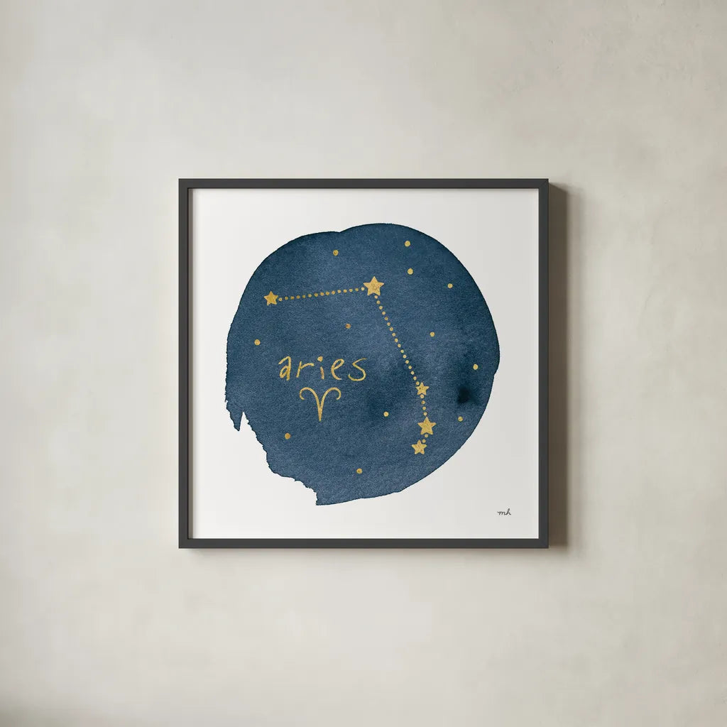 Horoscope Aries by Moira Hershey. Shown in a sleek black glass frame for a contemporary gallery look. Available as an archival giclee rolled canvas, fine art paper, or poster print. SKU 48898a.