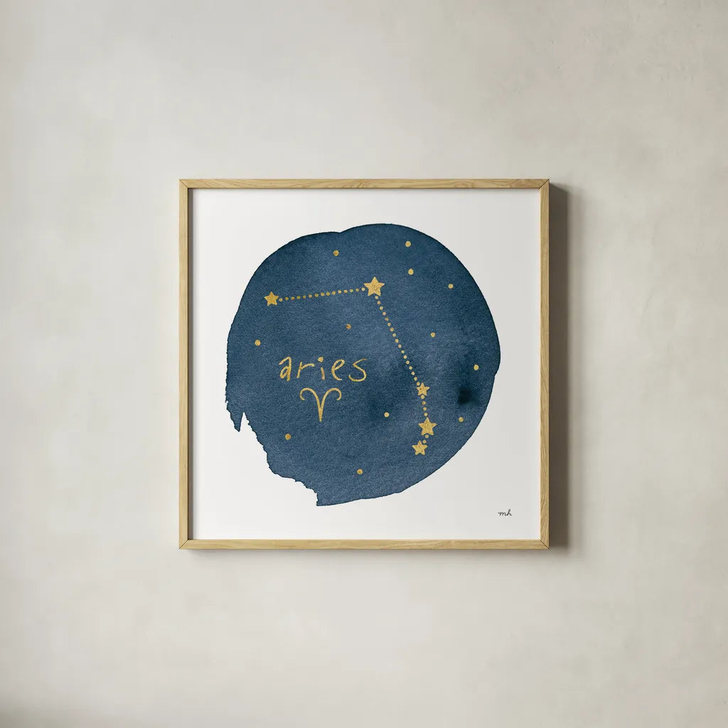 Horoscope Aries by Moira Hershey. Shown in a natural wood glass frame for a timeless modern aesthetic. Available as an archival giclee rolled canvas, fine art paper, or poster print. SKU 48898a.