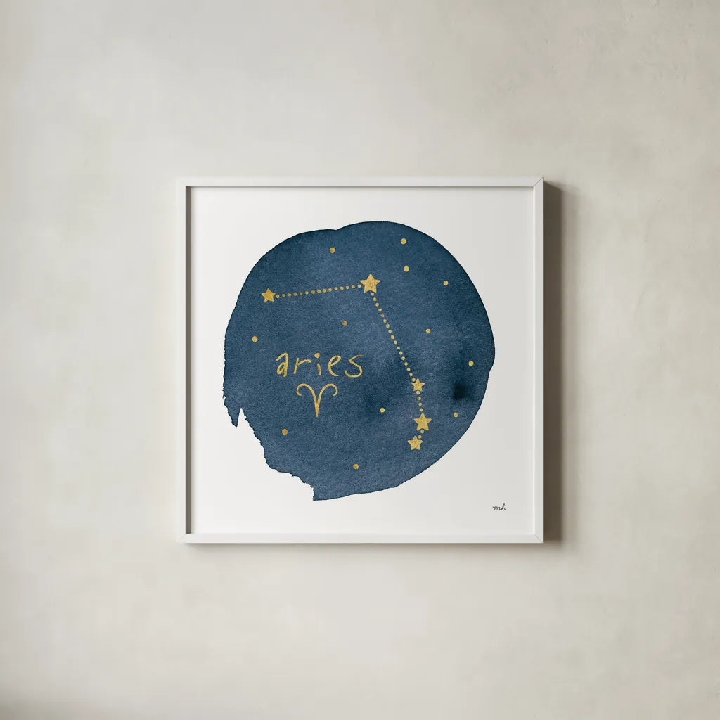 Horoscope Aries by Moira Hershey. Shown in a crisp white glass frame for a clean and minimalist style. Available as an archival giclee rolled canvas, fine art paper, or poster print. SKU 48898a.