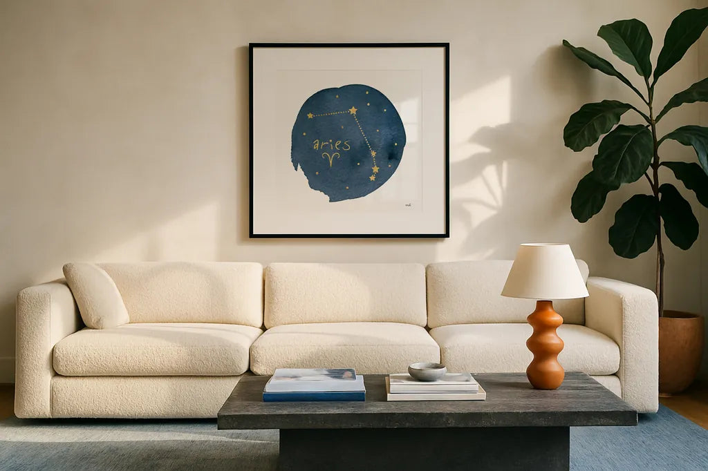 Horoscope Aries by Moira Hershey. Displayed in a glass frame with matte in a clean modern living room. Available as an archival giclee rolled canvas, fine art paper, or poster print. SKU 48898a.