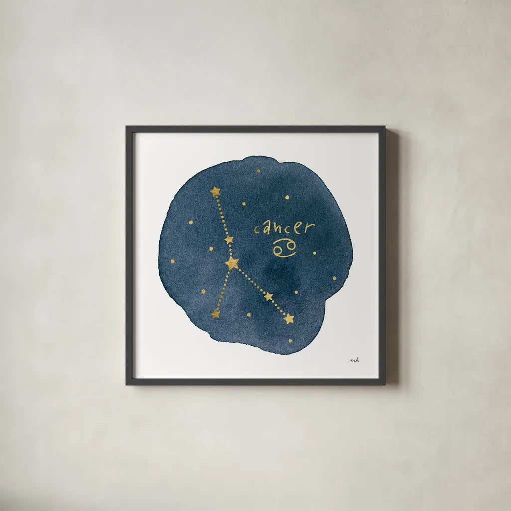 Horoscope Cancer by Moira Hershey. Shown in a sleek black glass frame for a contemporary gallery look. Available as an archival giclee rolled canvas, fine art paper, or poster print. SKU 48900a.