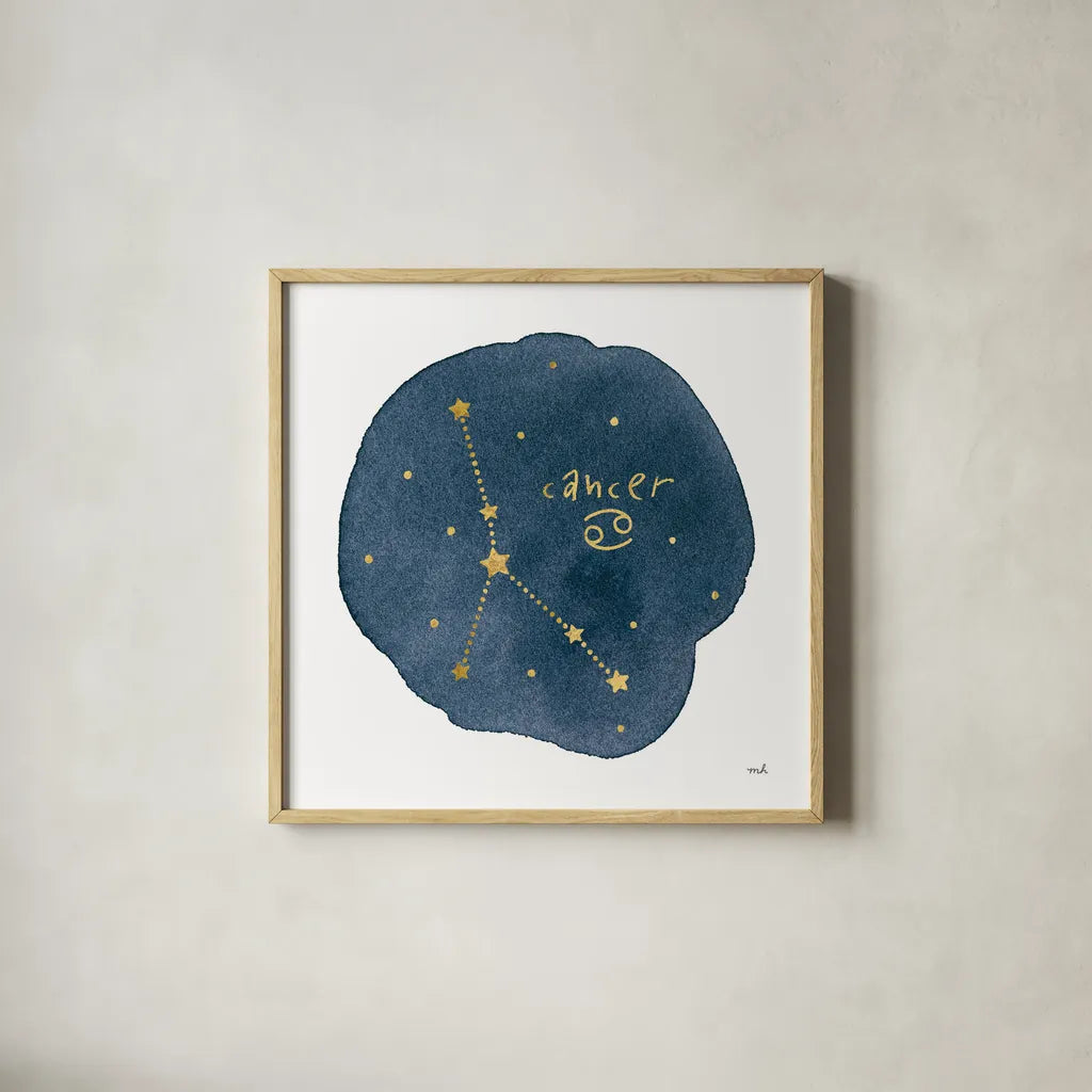 Horoscope Cancer by Moira Hershey. Shown in a natural wood glass frame for a timeless modern aesthetic. Available as an archival giclee rolled canvas, fine art paper, or poster print. SKU 48900a.