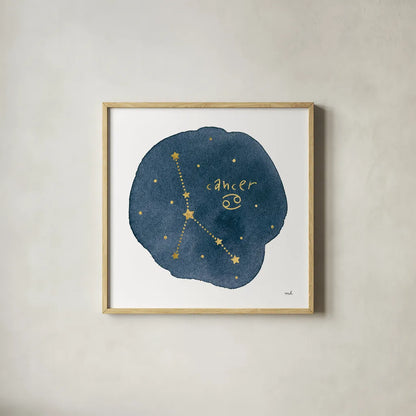 Horoscope Cancer by Moira Hershey. Shown in a natural wood glass frame for a timeless modern aesthetic. Available as an archival giclee rolled canvas, fine art paper, or poster print. SKU 48900a.