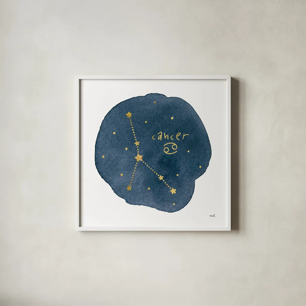 Horoscope Cancer by Moira Hershey. Shown in a crisp white glass frame for a clean and minimalist style. Available as an archival giclee rolled canvas, fine art paper, or poster print. SKU 48900a.