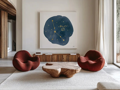 Horoscope Cancer by Moira Hershey. Shown as extra-large giant wall art in a modern living room. Available as an archival giclee rolled canvas, fine art paper, or poster print. SKU 48900a.