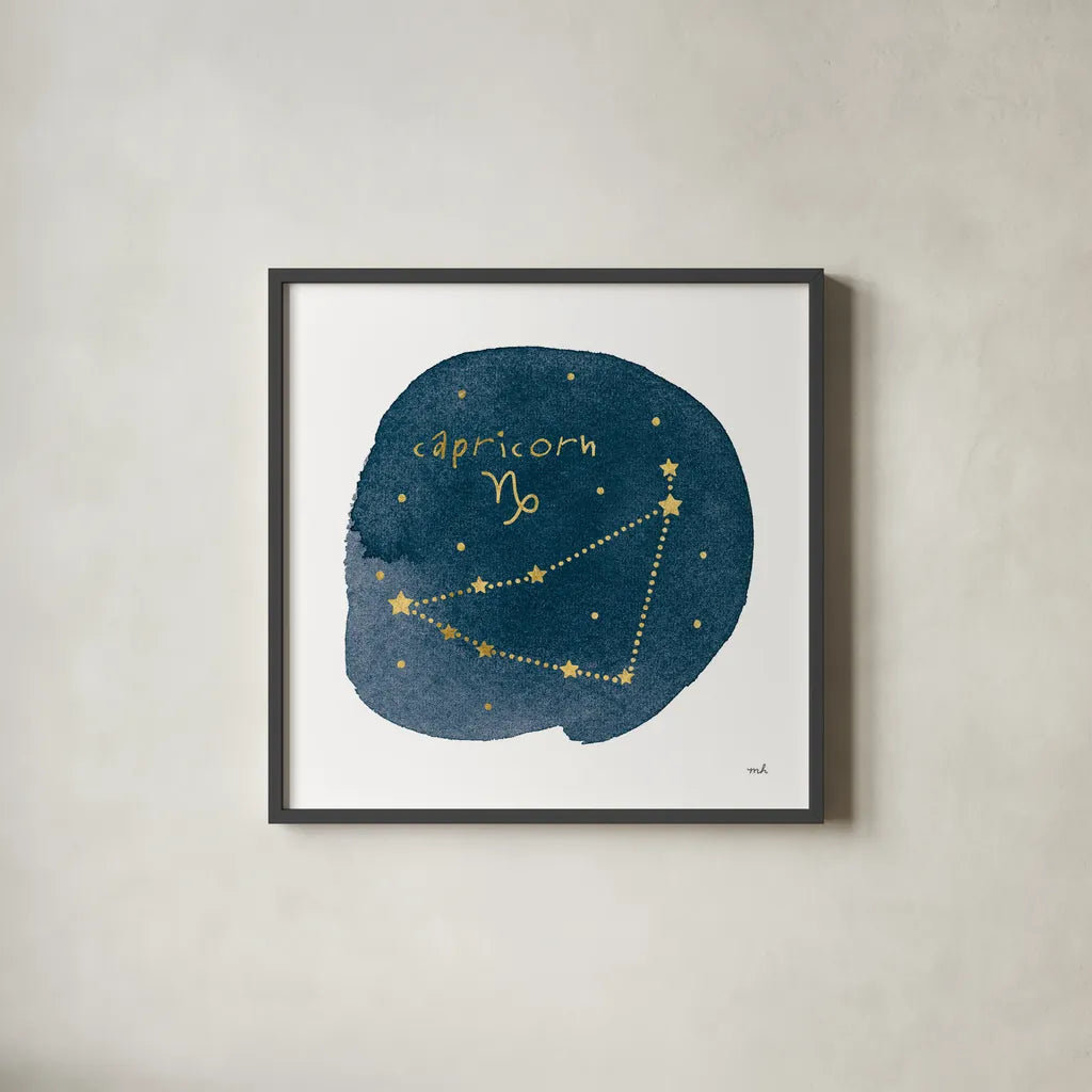 Horoscope Capricorn by Moira Hershey. Shown in a sleek black glass frame for a contemporary gallery look. Available as an archival giclee rolled canvas, fine art paper, or poster print. SKU 48901a.