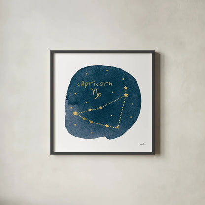 Horoscope Capricorn by Moira Hershey. Shown in a sleek black glass frame for a contemporary gallery look. Available as an archival giclee rolled canvas, fine art paper, or poster print. SKU 48901a.
