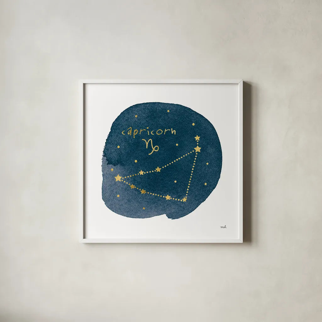 Horoscope Capricorn by Moira Hershey. Shown in a crisp white glass frame for a clean and minimalist style. Available as an archival giclee rolled canvas, fine art paper, or poster print. SKU 48901a.