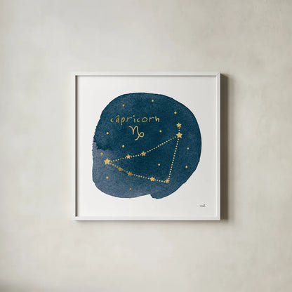 Horoscope Capricorn by Moira Hershey. Shown in a crisp white glass frame for a clean and minimalist style. Available as an archival giclee rolled canvas, fine art paper, or poster print. SKU 48901a.