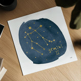 Horoscope Gemini by Moira Hershey. Shown as a detailed flat fine art print, highlighting archival giclee quality. Available as an archival giclee rolled canvas, fine art paper, or poster print. SKU 48902a.