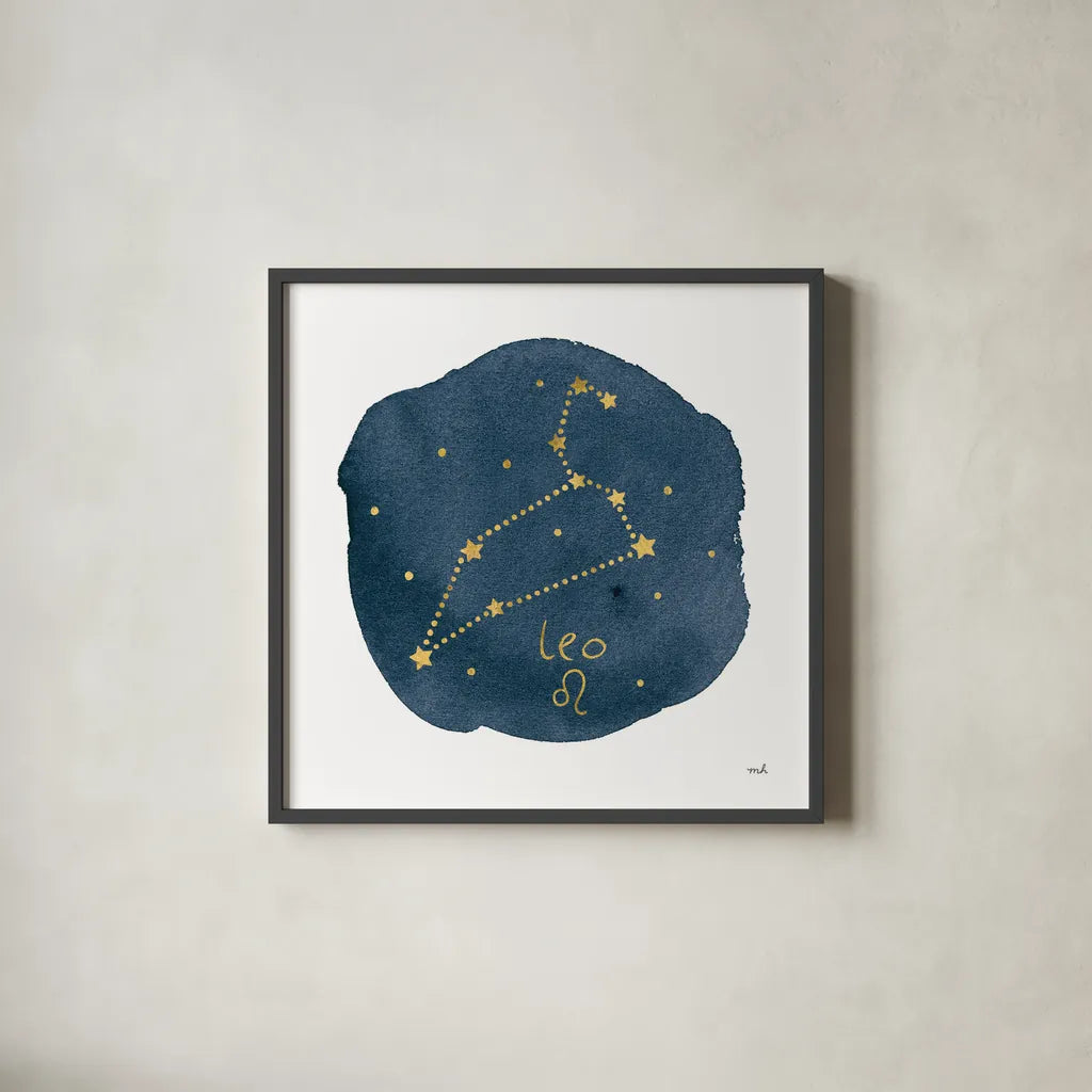 Horoscope Leo by Moira Hershey. Shown in a sleek black glass frame for a contemporary gallery look. Available as an archival giclee rolled canvas, fine art paper, or poster print. SKU 48903a.